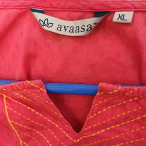 Avaasa Coral Pink Kurti XL With Yoke Embroidery