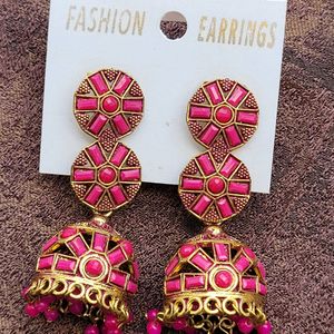 2 Pink And Golden Earrings Set