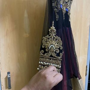 Black Handwork Three Layered Gown Wid Net Dupatta