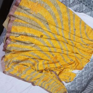 Yellow With Grey Strip Saree