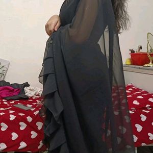 Black Frills Saree With Unstitched Blouse