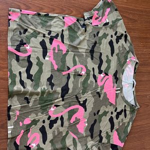 Green Army Print With Pink Flamingos T-shirt