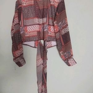 Brown And Red Geometric Printed Wrap Crop Top