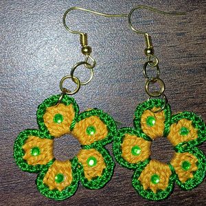 Yellow Green Crochet Flower Earrings