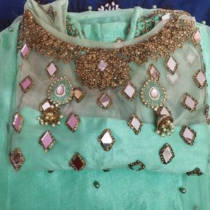 Cyan Green Lehenga With Earring Combo