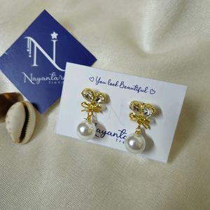 Korean Bow Earrings With Pearl Drop