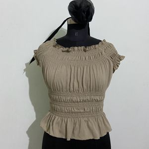 Tan Olive Green Elastic Top