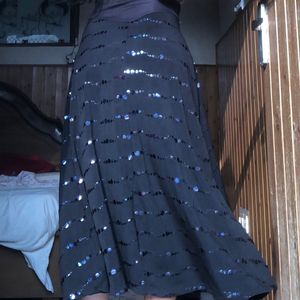 High Waist Long Black Skirt With Blue Sequence