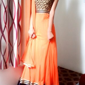 Orange Anarkali Suit With Velvet Border