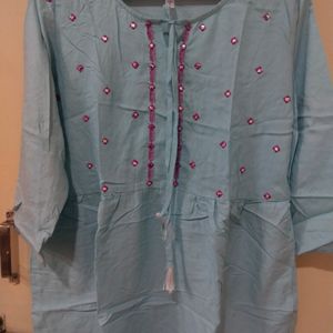 Baby Blue Colour Top With Pink Embroidery Design