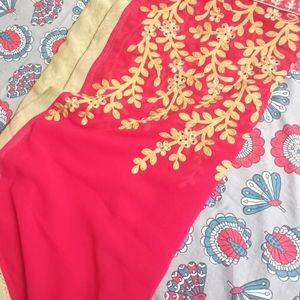 Coral Pink And Sage Green Saree With Blouse