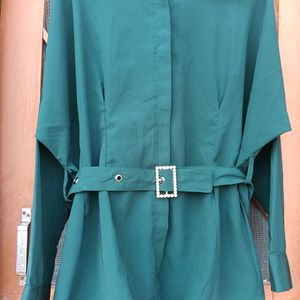 tWomen Chiffon Bottle Green Shirt With Beautiful B