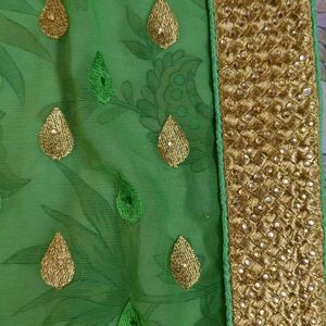 Cream And Green Heavy Work Saree With Blouse