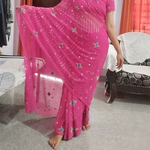 Chiffon Rose Pick Saree With Stitched Blouse