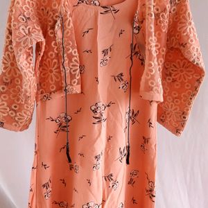 Peach Umbrella Cut Floral Print Dress