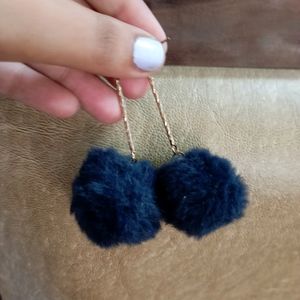 Furry Navy Blue Cottan Ball Earrings