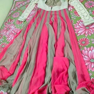 Pink And Golden Anarkali Dress