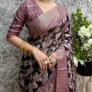 SoftLinen FloralPrinted Saree With Contrast Blouse