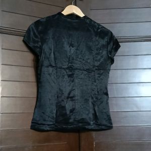 Women Black Satin Chinese Style Side Button Top