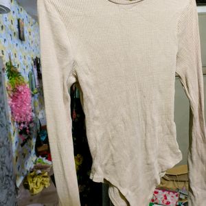 Forever 21 Full Sleeves Beige Ribbed Bodysuit