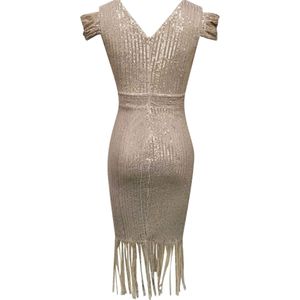 Cold-Shoulder Sequined Fringed Bodycon Cocktail Dr