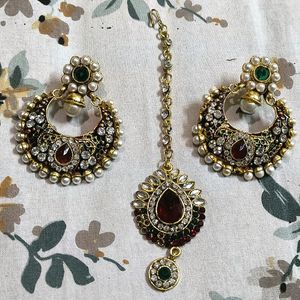 Kunadan Earrings And Maangteeka Set