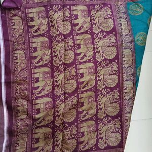 Beautiful Blue And Maroon Saree With Elephant An