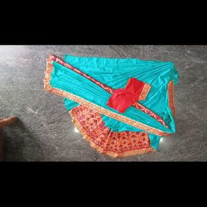 A Beautiful Sky Blue Saree With Red Flower Border