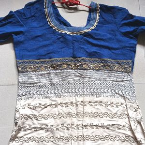 Dark Blue And Cream Cotton Kurti