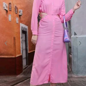 Pink Cuffed Sleeves Cut-Out Shirt Style Midi Drss