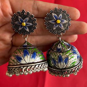 Silver Meenakari Jhumka Blue