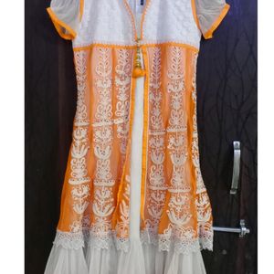 3 Pcs Fancy Kurta Pjama Dupatta Set 4 layer Net