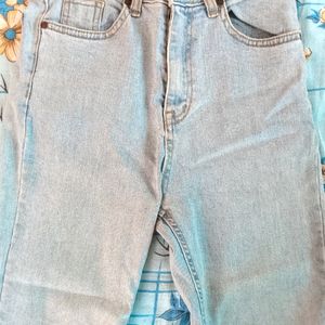 Korean Sky Blue Denim Fitted Jeans For Girls