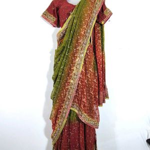 Brown And Olive Embroidered Lehenga (Women's)