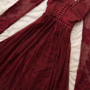 Brownish Maroon Embroidery v Neck Gown