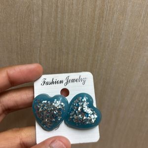 Heart Shape Glittered Earings In Blue Colour