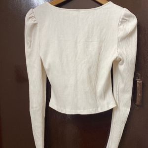 H&M Puff Sleeve Ribbed White+Rust Brown Crop Top