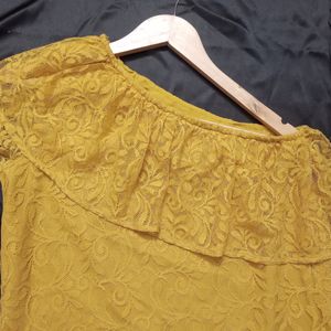 One Shoulder Lace work Mustard Top