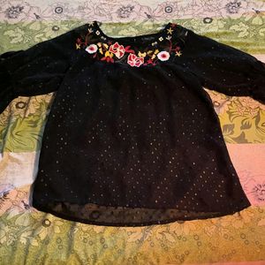 Embroidered Net Black Blouson Top.