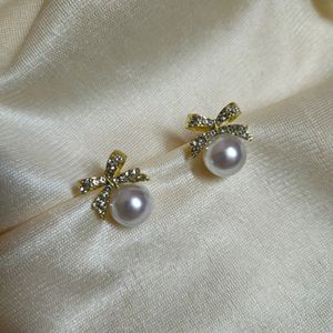 Korean Studded Bow With pearl Drop earrings