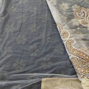 Grey And Cream Embroidery Printed Saree (Women's)