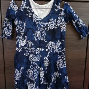 Cold-shoulder Sleeves Desi Print Navy Blue Kurti