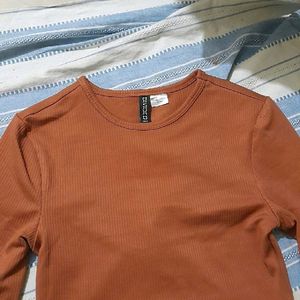 H&M Puff Sleeve Ribbed White+Rust Brown Crop Top