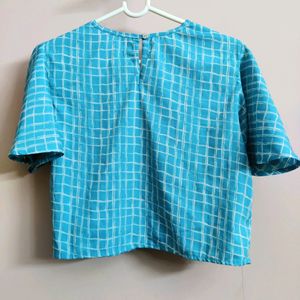 women's Light blue checkered crop top (butterfly sleeves)