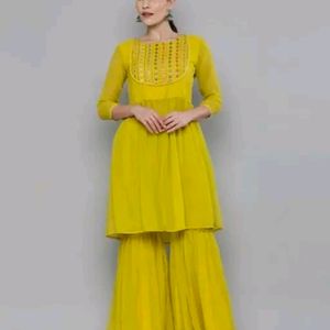 Yellow Attractive Embroidery Kurta With Sharara