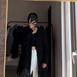 Faux Fur Teddy Black Long Cardigan