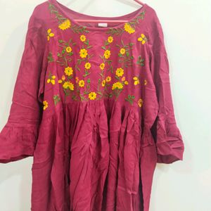 Red Colour Top With Beautiful Flower Design