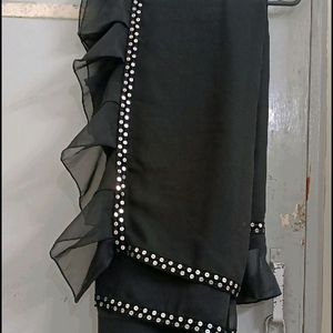 Black Frills Saree With Unstitched Blouse