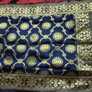 Blue Silk Dupatta With Golden Print