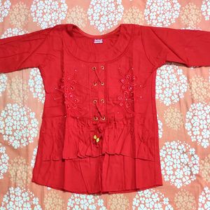 🆕 Embroidery Red Top with Ruffled Sleeves